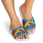 Red Yellow And Blue Camouflage Print White Slide Sandals