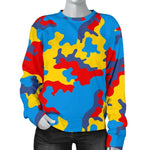 Red Yellow And Blue Camouflage Print Women's Crewneck Sweatshirt GearFrost