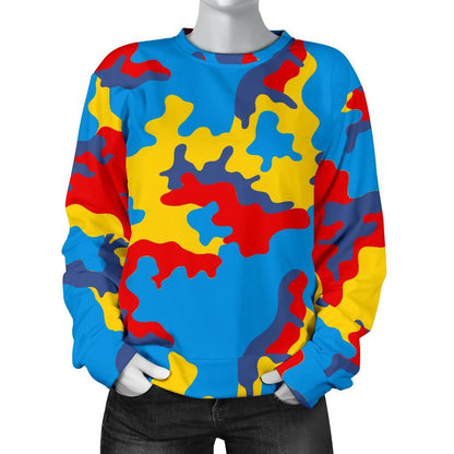 Red Yellow And Blue Camouflage Print Women's Crewneck Sweatshirt GearFrost