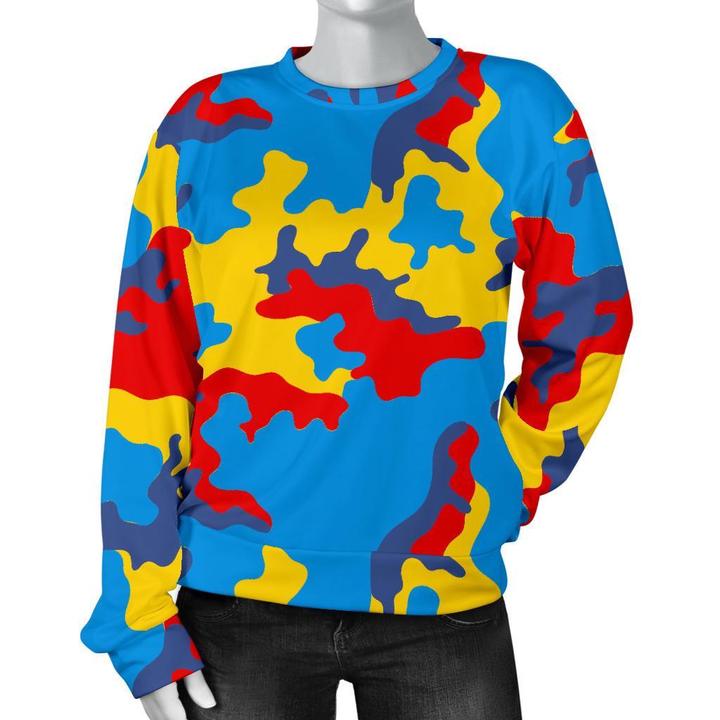 Red Yellow And Blue Camouflage Print Women's Crewneck Sweatshirt GearFrost