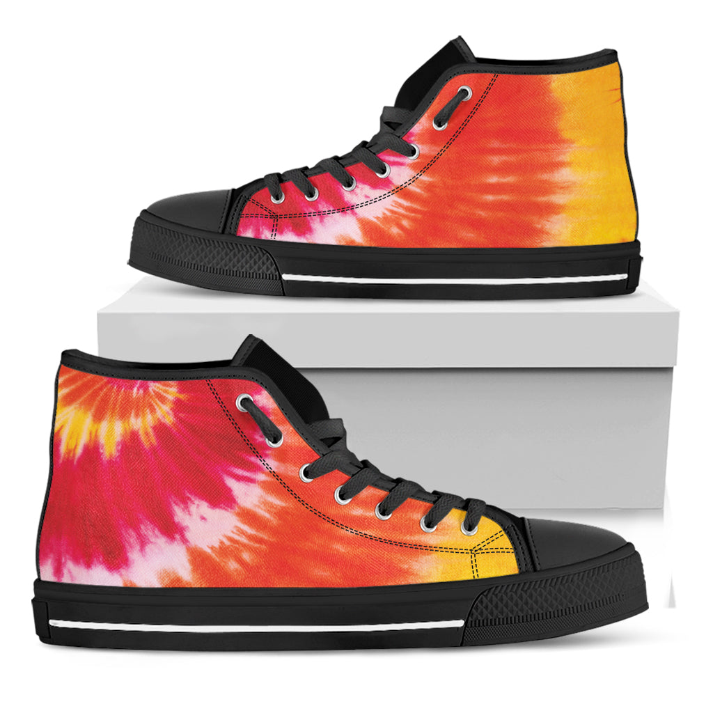 Red Yellow And Orange Tie Dye Print Black High Top Shoes