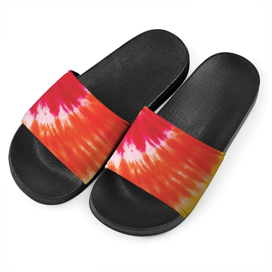 Red Yellow And Orange Tie Dye Print Black Slide Sandals