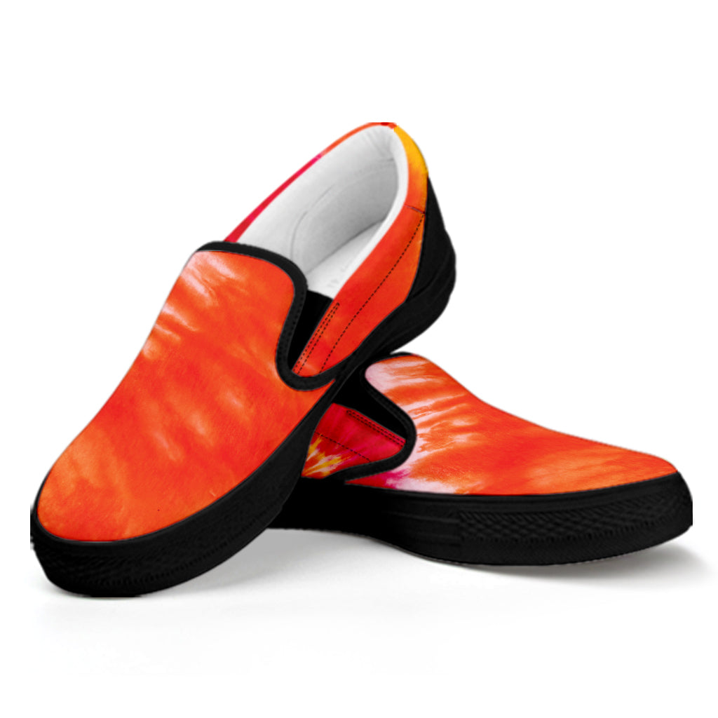 Red Yellow And Orange Tie Dye Print Black Slip On Shoes