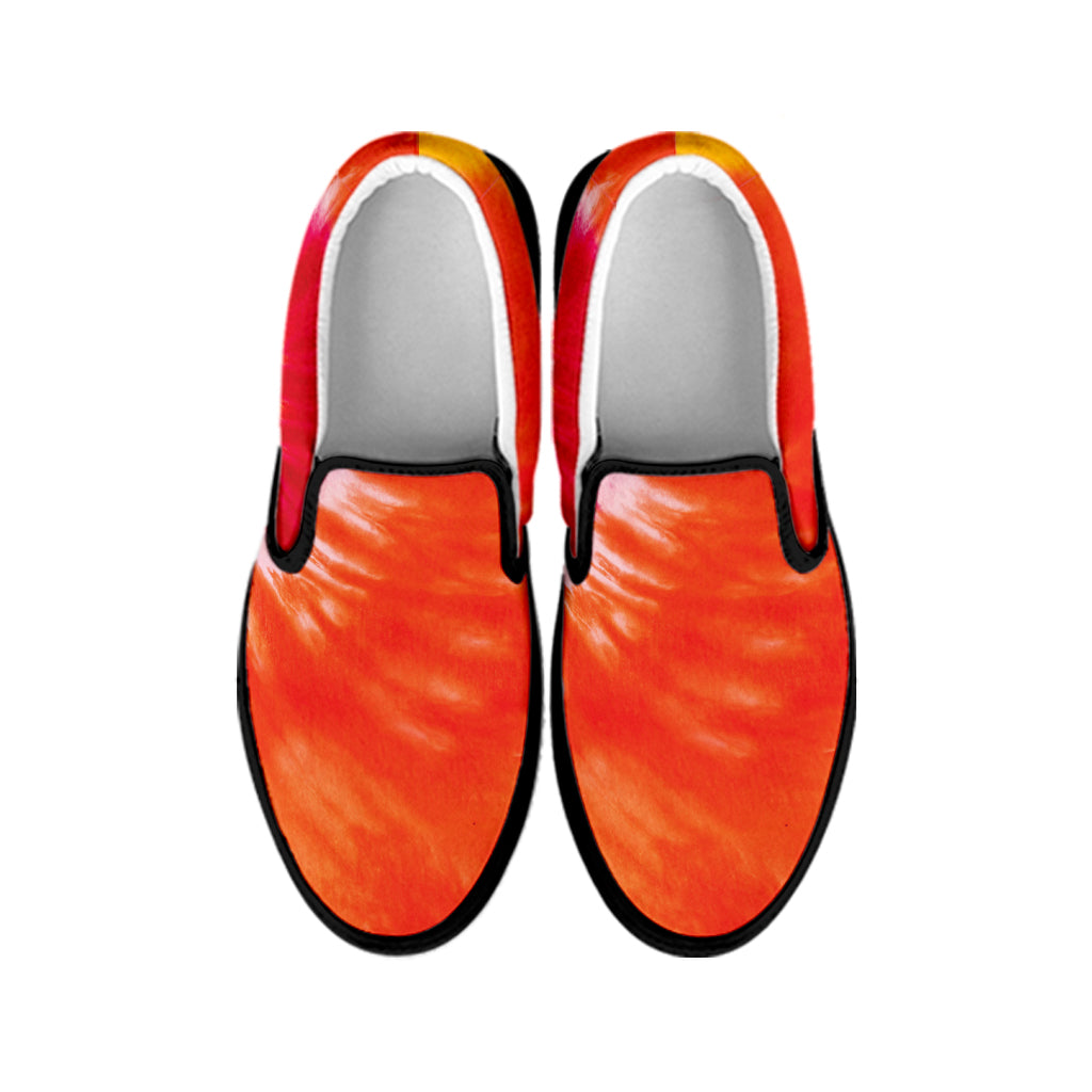 Red Yellow And Orange Tie Dye Print Black Slip On Shoes