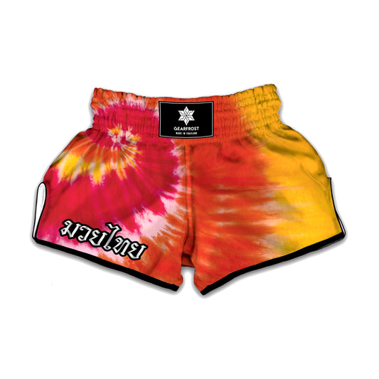 Red Yellow And Orange Tie Dye Print Muay Thai Boxing Shorts