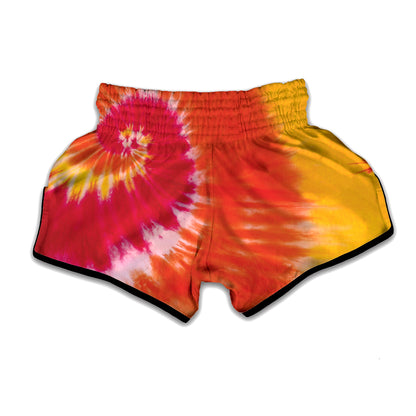 Red Yellow And Orange Tie Dye Print Muay Thai Boxing Shorts