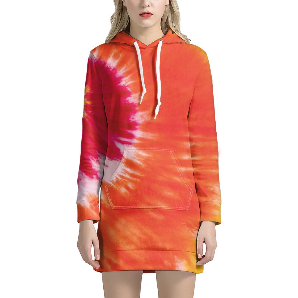 Red Yellow And Orange Tie Dye Print Pullover Hoodie Dress