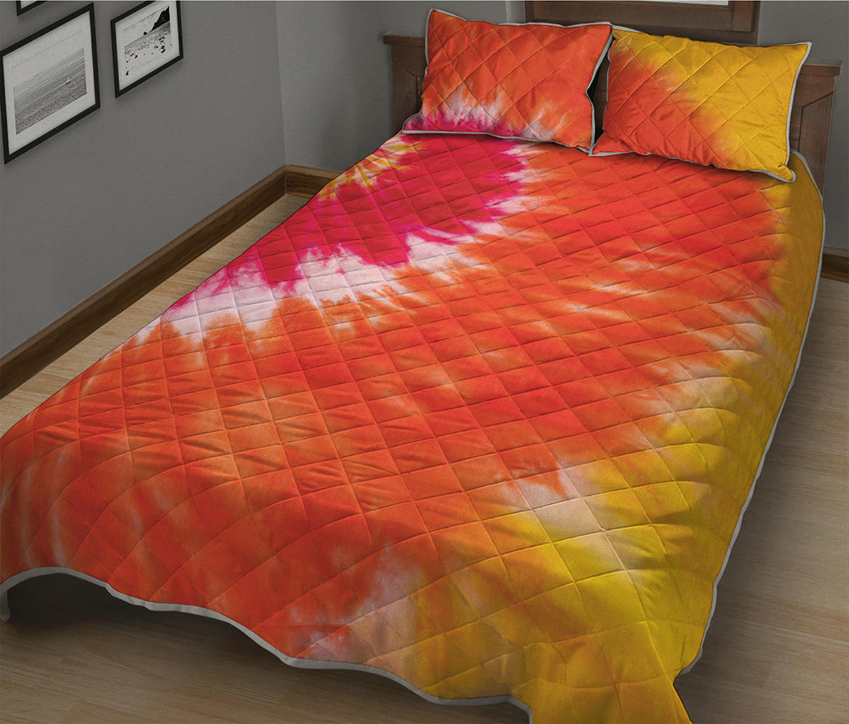 Red Yellow And Orange Tie Dye Print Quilt Bed Set