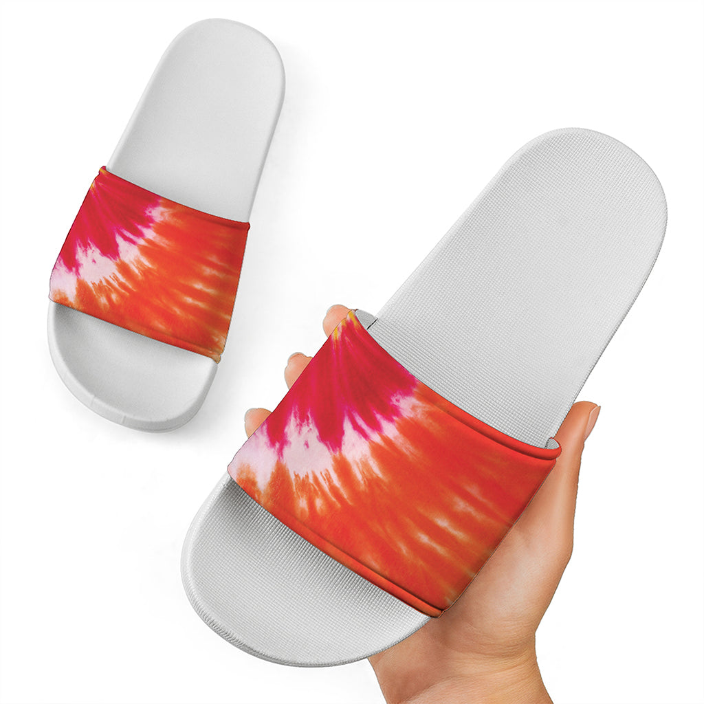 Red Yellow And Orange Tie Dye Print White Slide Sandals