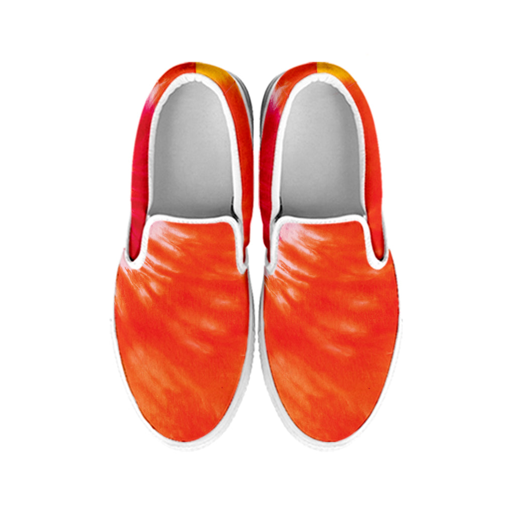 Red Yellow And Orange Tie Dye Print White Slip On Shoes