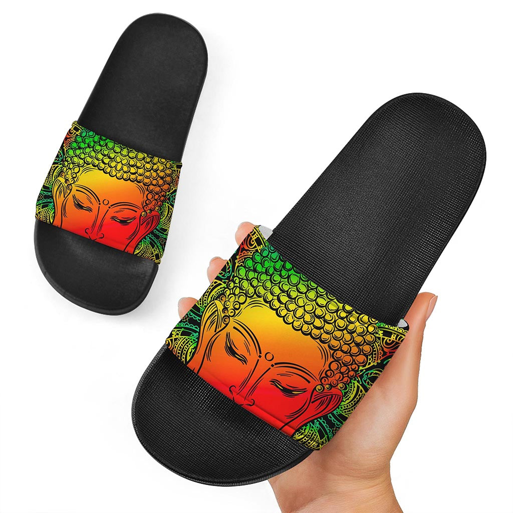 Reggae Buddha Print Black Slide Sandals
