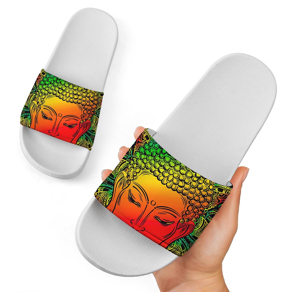 Reggae Buddha Print White Slide Sandals