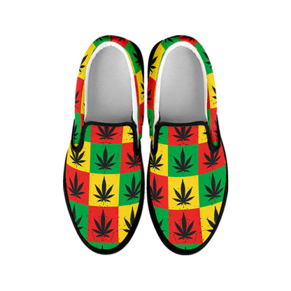 Reggae Marijuana Leaf Pattern Print Black Slip On Shoes
