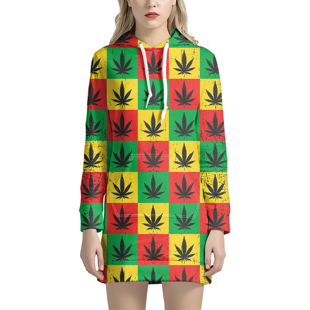 Reggae Marijuana Leaf Pattern Print Hoodie Dress