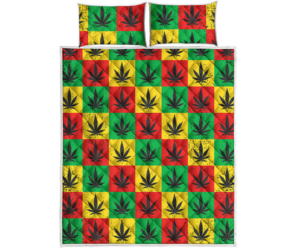 Reggae Marijuana Leaf Pattern Print Quilt Bed Set