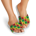 Reggae Marijuana Leaf Pattern Print White Slide Sandals