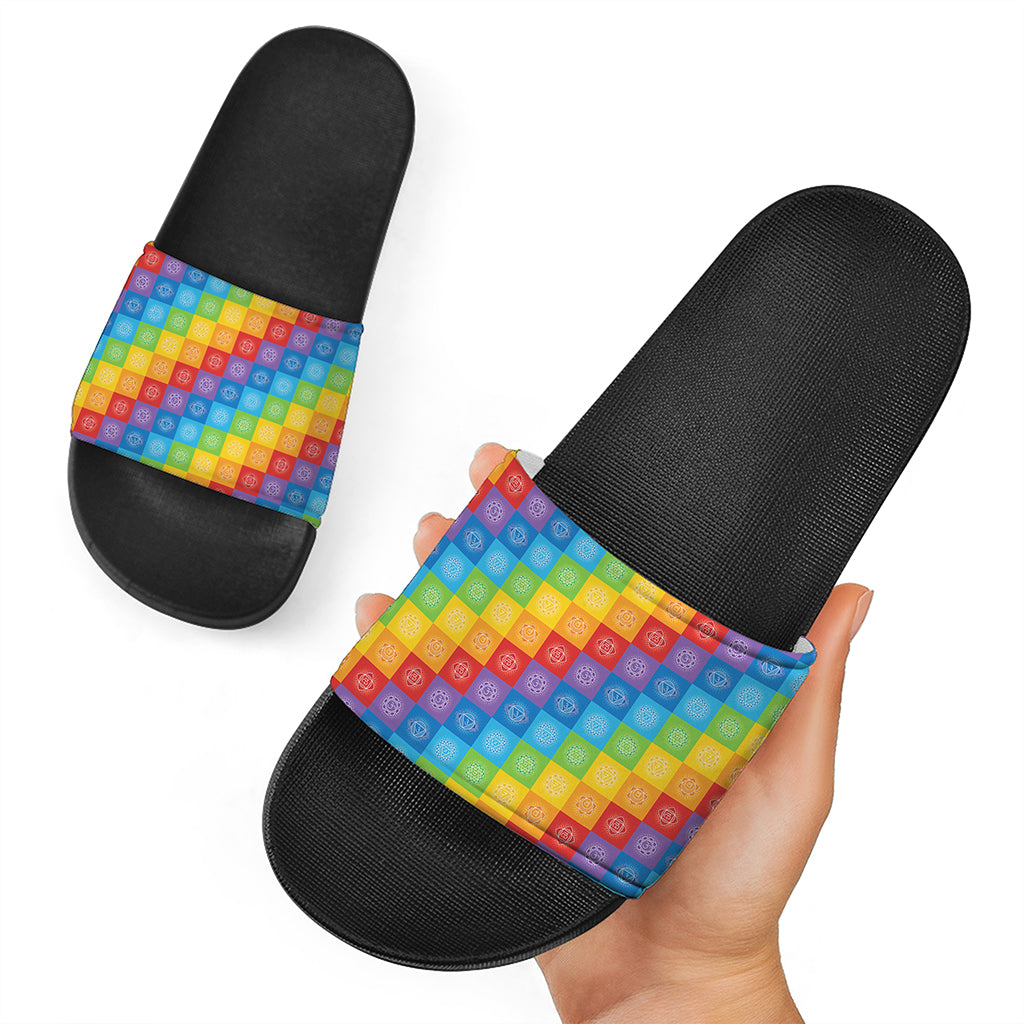 Reiki And The 7 Chakras Pattern Print Black Slide Sandals