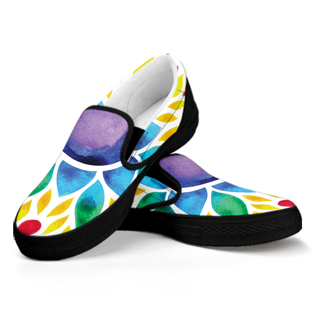 Reiki Chakra Flower Print Black Slip On Shoes