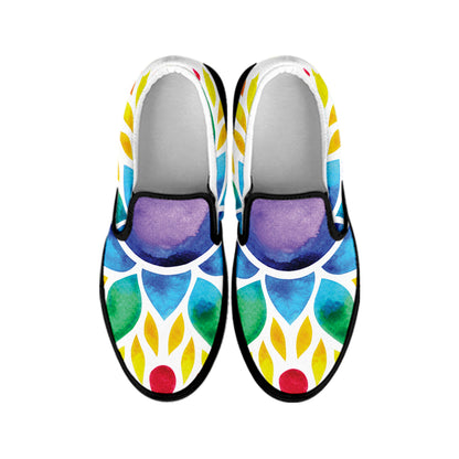 Reiki Chakra Flower Print Black Slip On Shoes