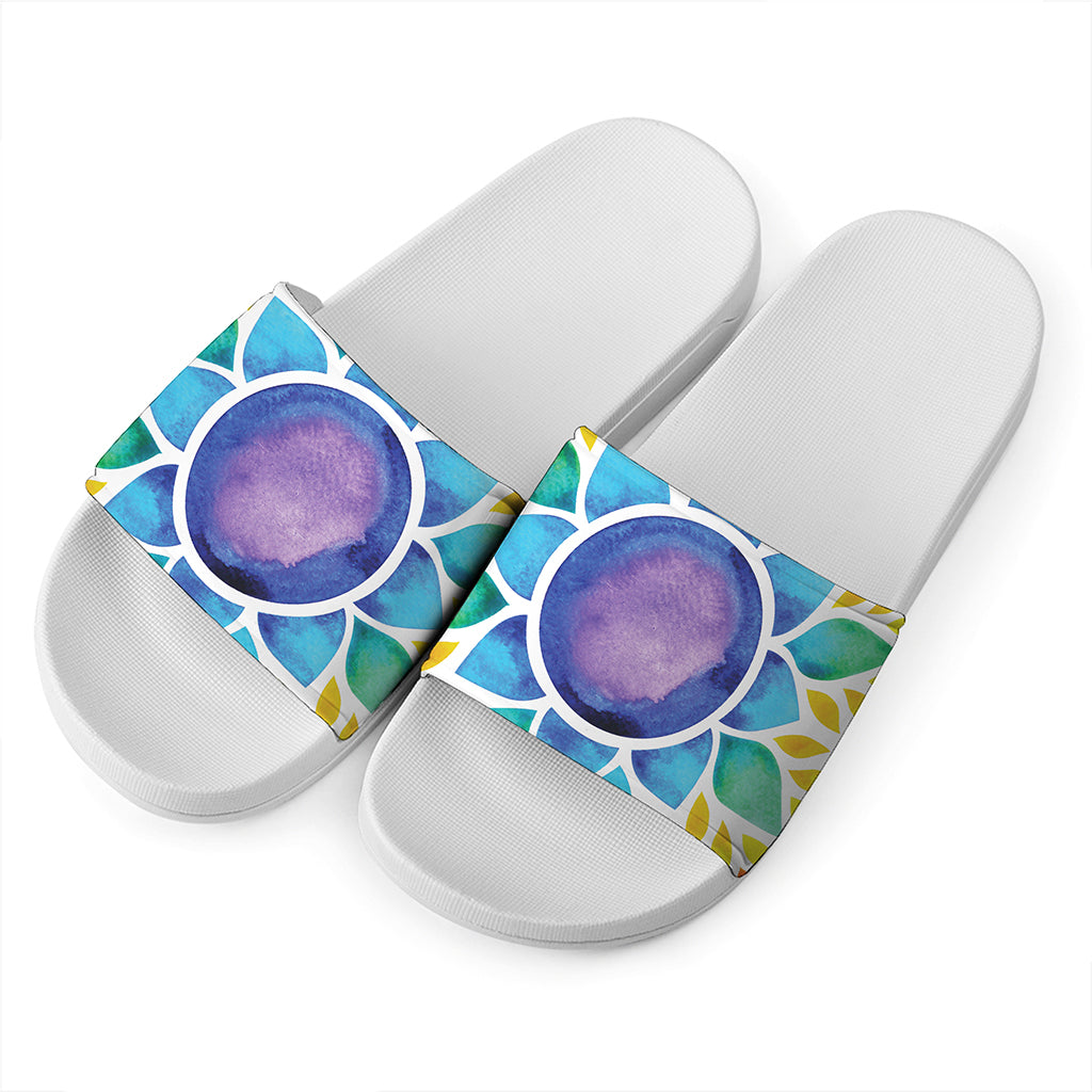 Reiki Chakra Flower Print White Slide Sandals