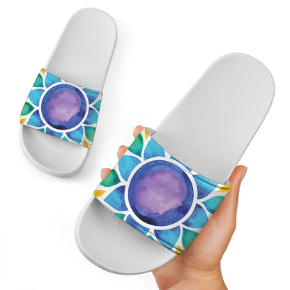 Reiki Chakra Flower Print White Slide Sandals