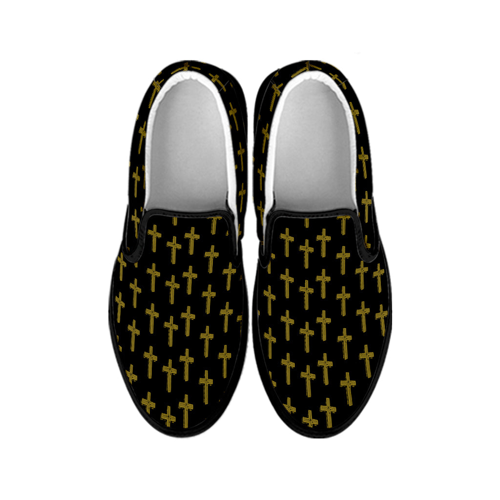 Religious Cross Pattern Print Black Slip On Shoes