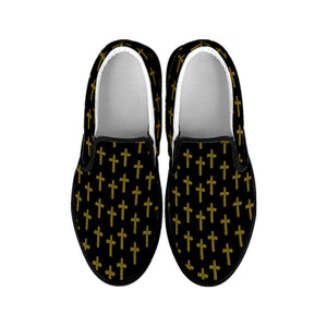 Religious Cross Pattern Print Black Slip On Shoes