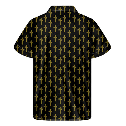 Religious Cross Pattern Print Men's Short Sleeve Shirt