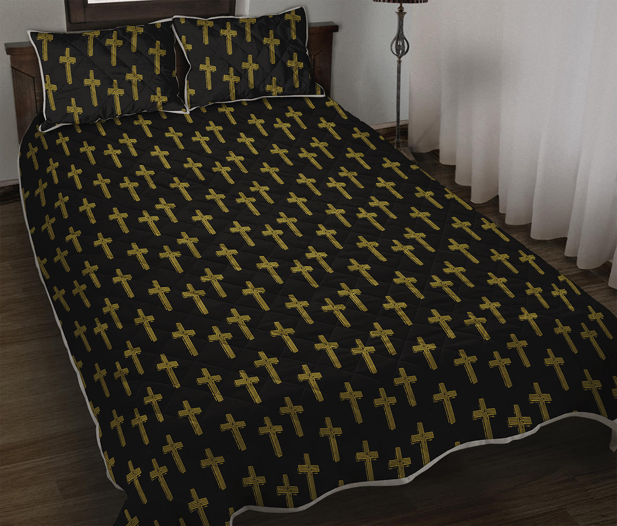 Religious Cross Pattern Print Quilt Bed Set
