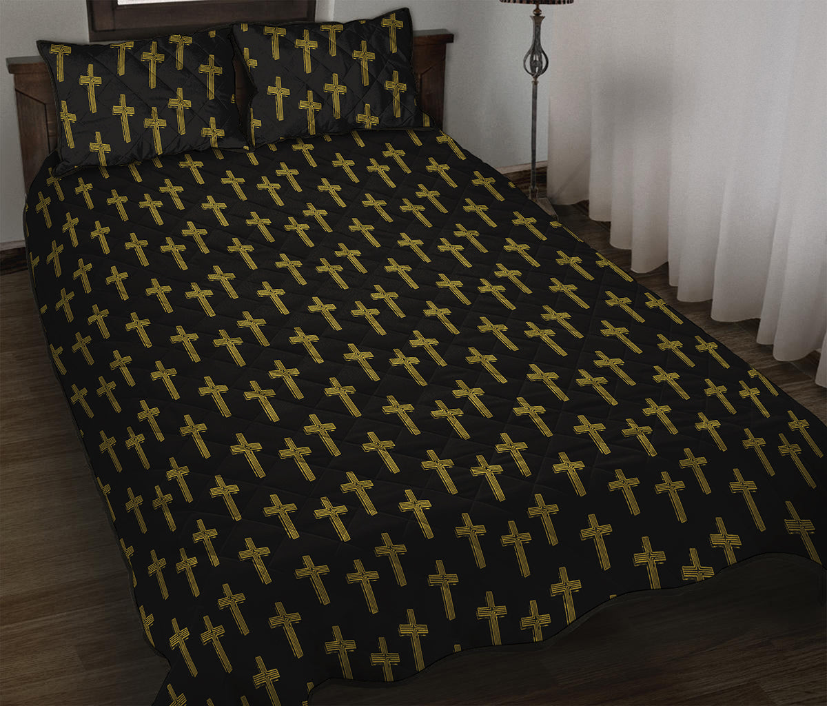 Religious Cross Pattern Print Quilt Bed Set