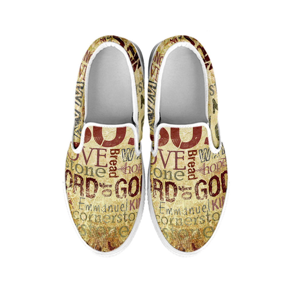 Religious Word Of God Print White Slip On Shoes