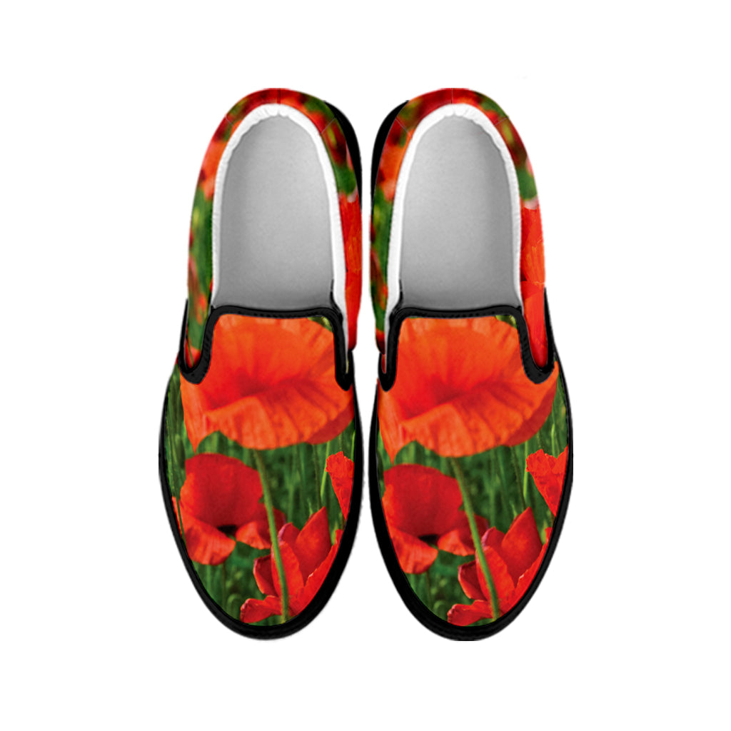 Remembrance Day Poppy Print Black Slip On Shoes