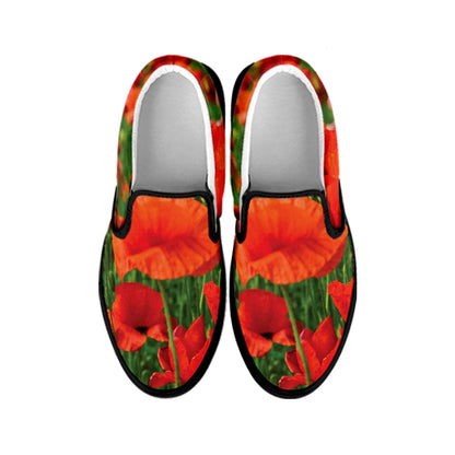 Remembrance Day Poppy Print Black Slip On Shoes