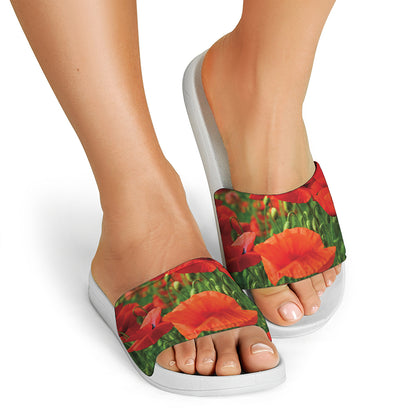 Remembrance Day Poppy Print White Slide Sandals