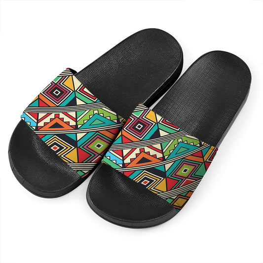 Retro African Ethnic Tribal Print Black Slide Sandals
