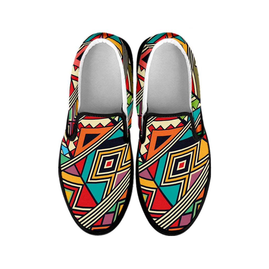 Retro African Ethnic Tribal Print Black Slip On Shoes