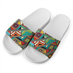 Retro African Ethnic Tribal Print White Slide Sandals
