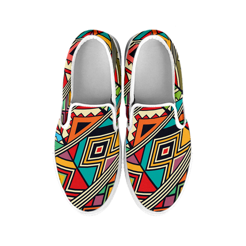 Retro African Ethnic Tribal Print White Slip On Shoes