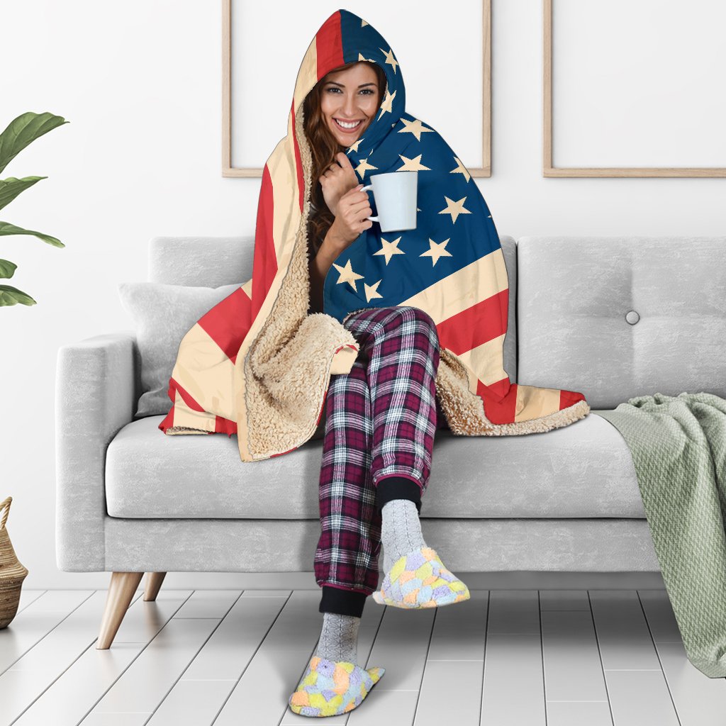 Retro American Flag Patriotic Hooded Blanket GearFrost