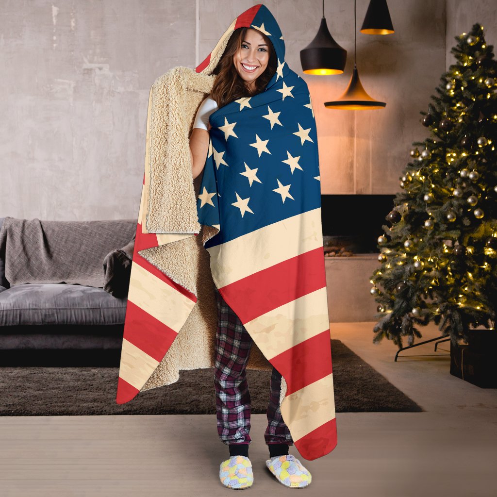 Retro American Flag Patriotic Hooded Blanket GearFrost