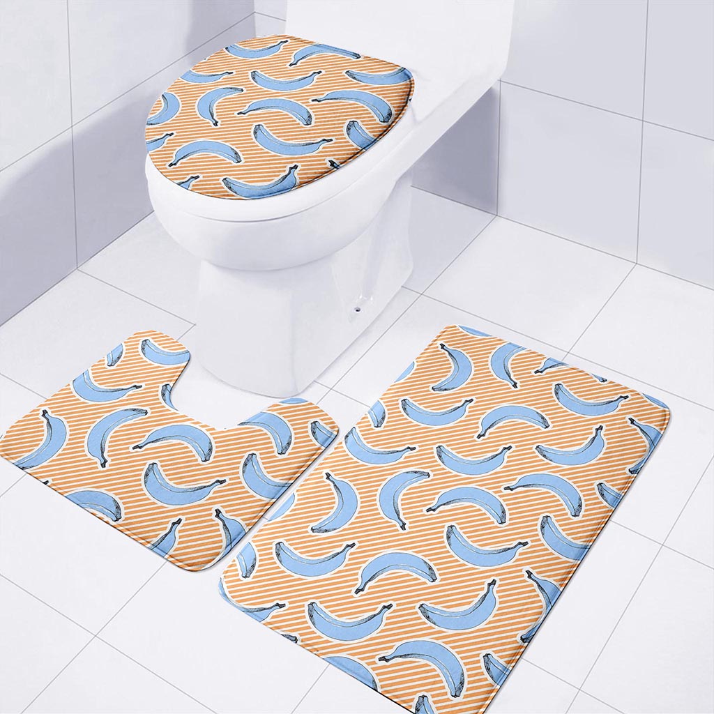 Retro Blue Banana Pattern Print 3 Piece Bath Mat Set