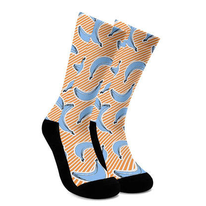 Retro Blue Banana Pattern Print Crew Socks