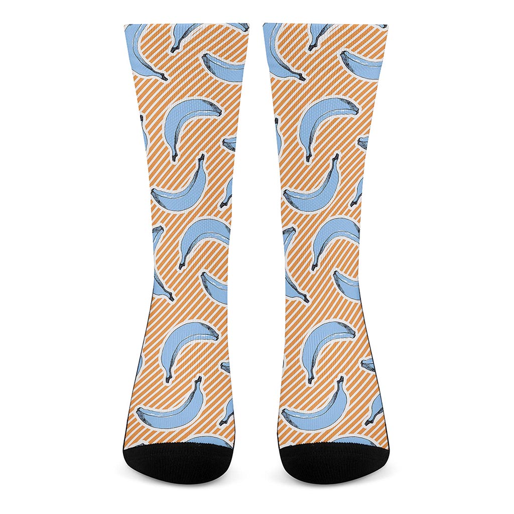 Retro Blue Banana Pattern Print Crew Socks