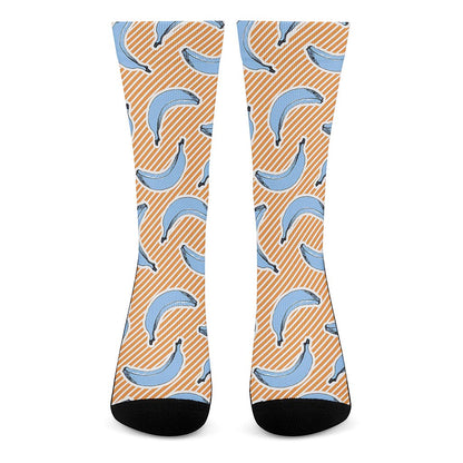 Retro Blue Banana Pattern Print Crew Socks