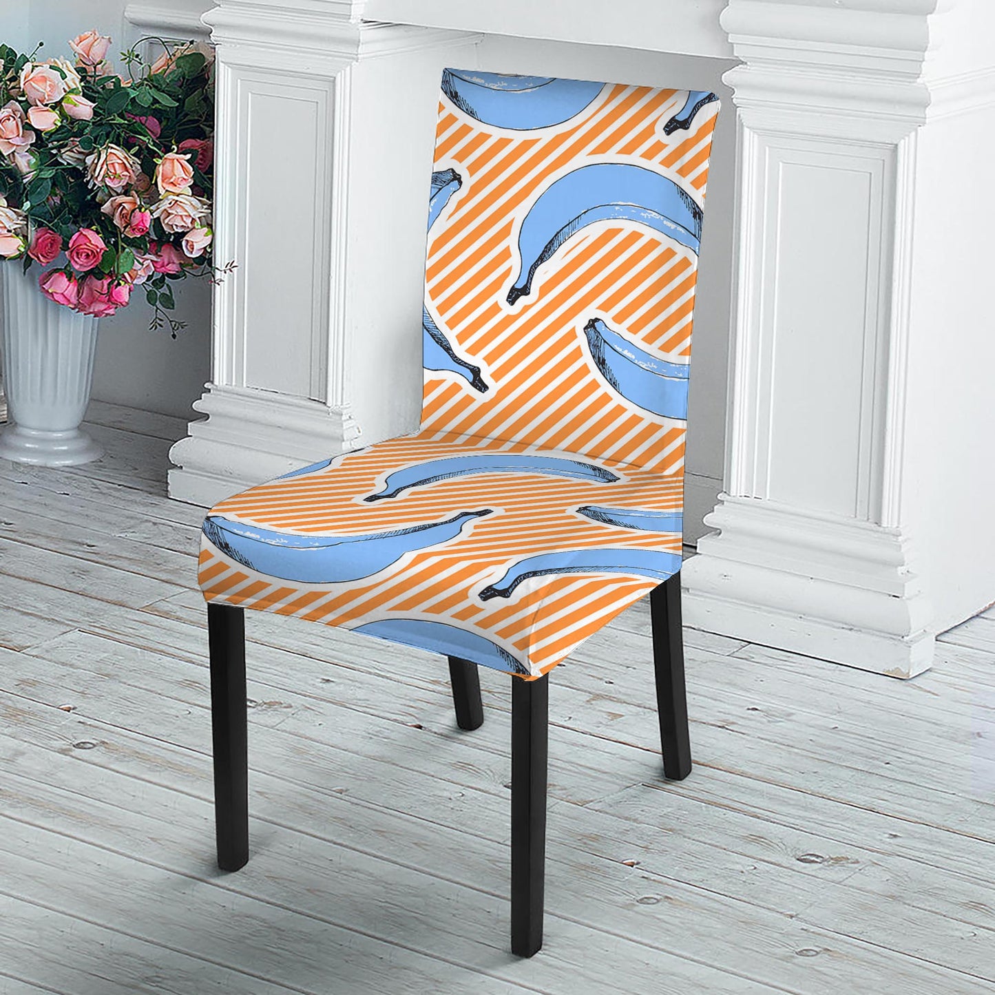 Retro Blue Banana Pattern Print Dining Chair Slipcover