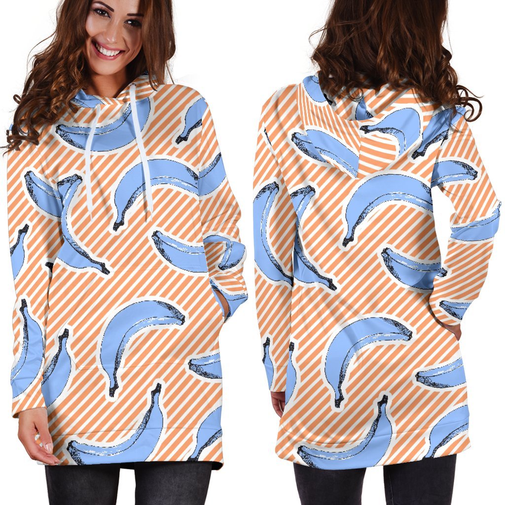 Retro Blue Banana Pattern Print Hoodie Dress GearFrost