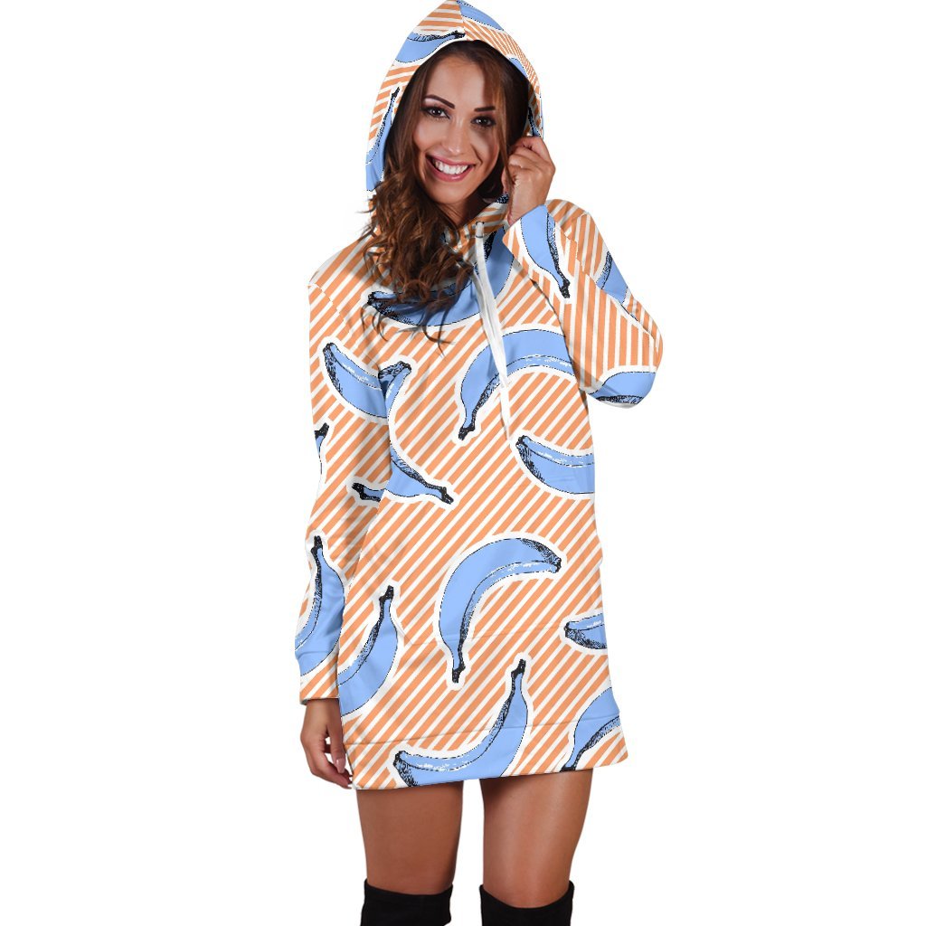 Retro Blue Banana Pattern Print Hoodie Dress GearFrost