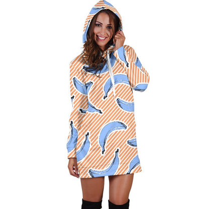 Retro Blue Banana Pattern Print Hoodie Dress GearFrost