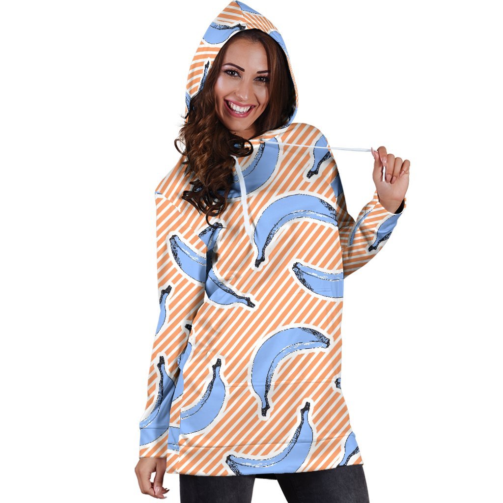 Retro Blue Banana Pattern Print Hoodie Dress GearFrost