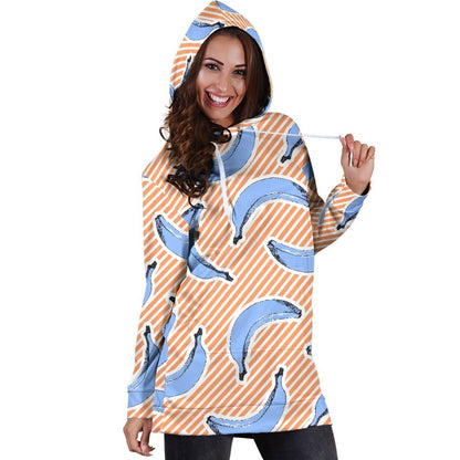 Retro Blue Banana Pattern Print Hoodie Dress GearFrost